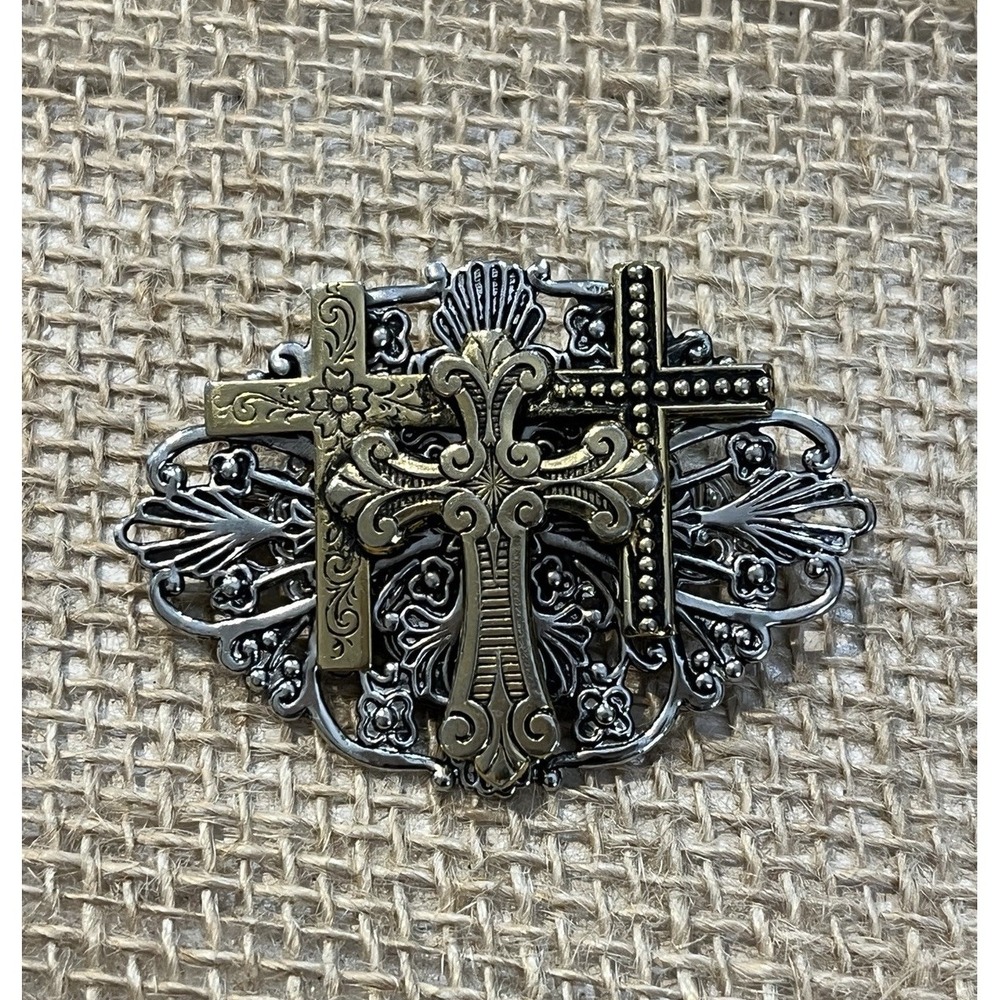 Jane 1997 Y2K Gold Silver Tone Signed Three Cross Brooch Pin 2 1/4 x 1 5/8 in